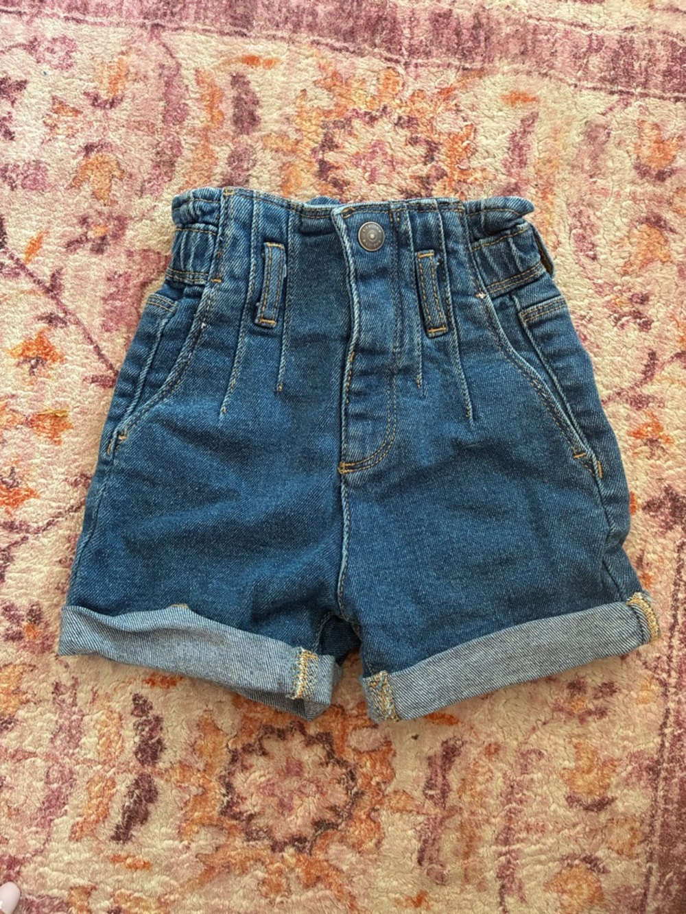 Girls Dark Blue Denim Paperbag Waist Rolled Shorts